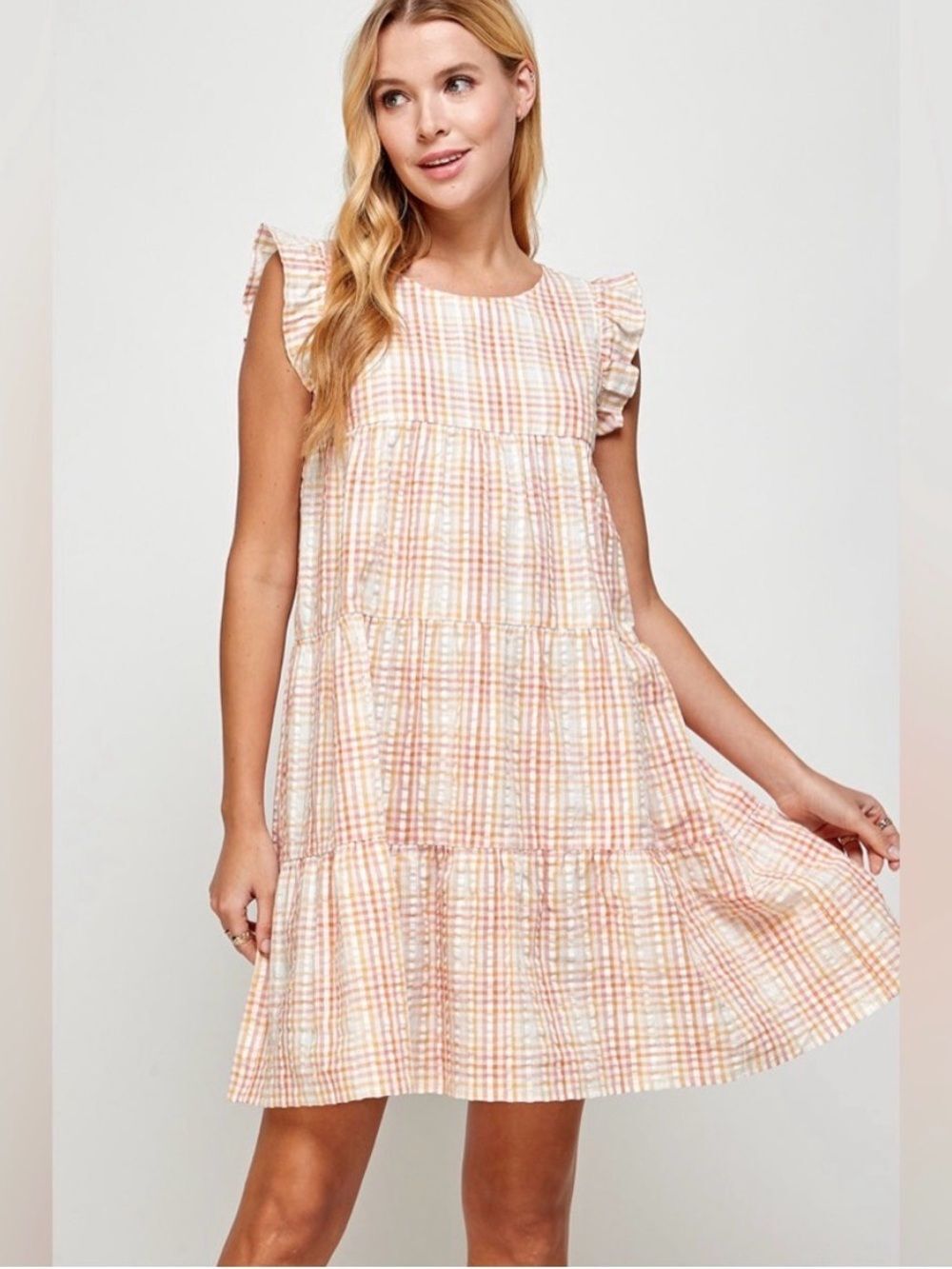 LOFT dress, pink and yellow plaid pattern with a ruffled tiered design. Size XL